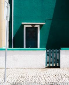 A green wall with a white door and a small gate